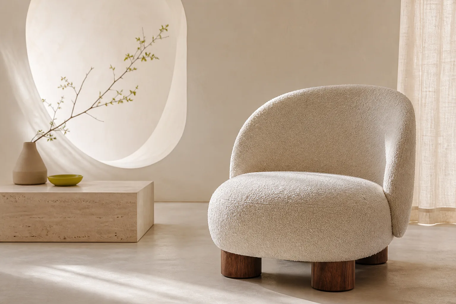 Atelier krem bouclé koltuk ve sakin iç mekân